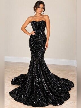 ALGLIST Black Sequin Mermaid Gown M Strapless Corset Prom Formal Dress Train